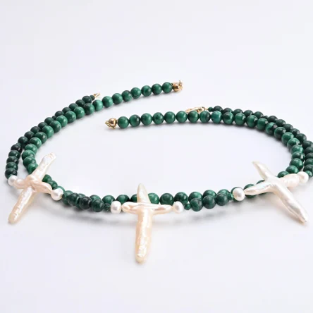 Сет чокер из малахита и барочного жемчуга в форме креста